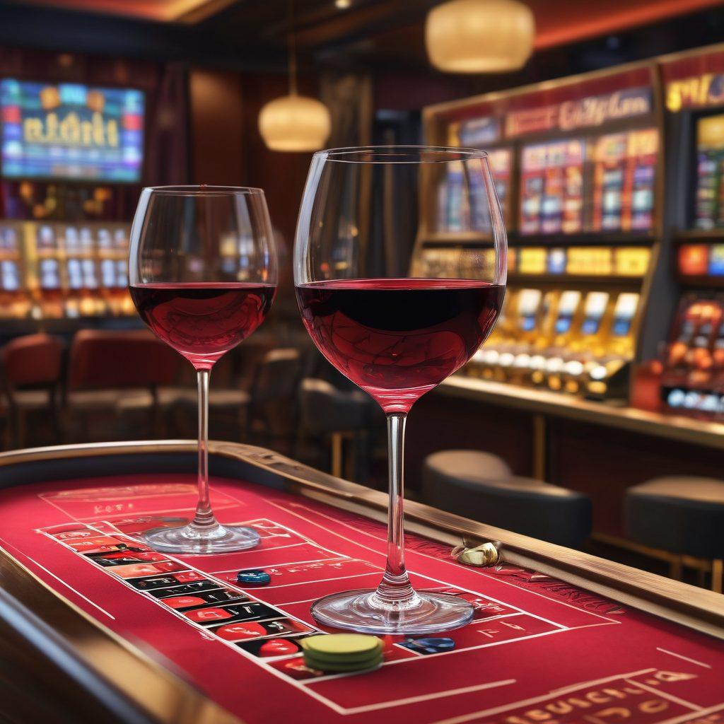 A cozy, atmospheric virtual casino scene featuring elegant wine glasses filled with different types of wine on a vibrant roulette table. In the background, playful digital slot machines display wine-themed icons, while a flickering screen shows a live wine tasting session. Warm lighting enhances the inviting ambiance, and a hint of glamour is added with soft jazz music notes floating around. super-realistic. vibrant colors. 3D.