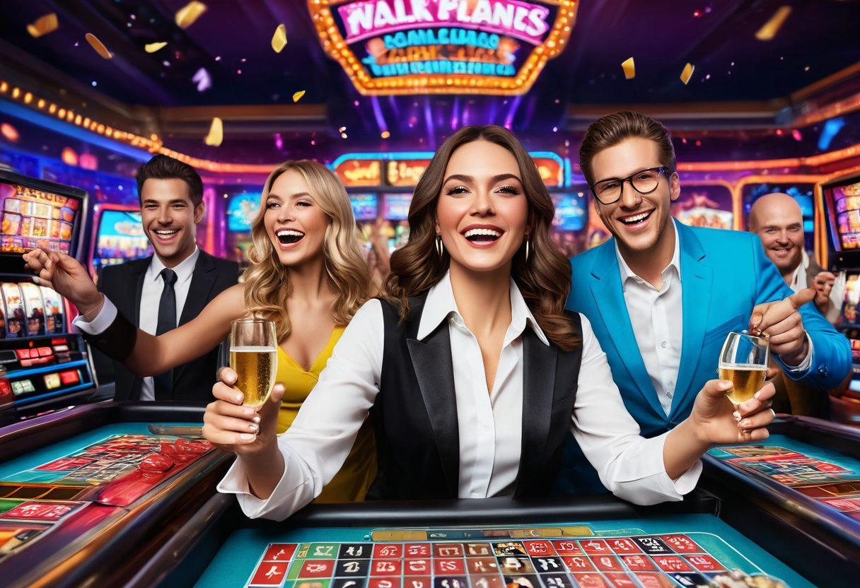 A vibrant virtual casino scene teeming with joyful players celebrating their wins, colorful slot machines flashing lights, and a dealer dealing cards with a big smile. Surround the scene with lottery tickets, champagne glasses raised in cheers, and bright confetti falling from above, all set against a rich digital backdrop of neon colors. super-realistic. vibrant colors. 3D.