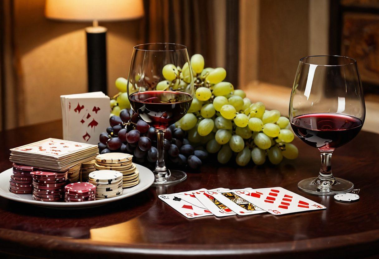 A luxurious table setting featuring a glass of rich red wine elegantly paired with a deck of playing cards and a stack of poker chips. Soft, warm lighting creates an inviting atmosphere while fresh grapes and a cheese platter are artistically arranged nearby. The background suggests a cozy gaming room ambiance, hinting at both relaxation and excitement. super-realistic. warm tones. cozy setting.